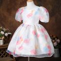 Kid Girl Floral Print Short Puff-sleeve Mesh Design Princess Party Dress OffWhite image 2