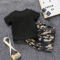 2pcs Toddler Boy Casual Letter Print Tee and Camouflage Print Shorts Set Black