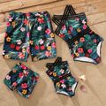 Family Matching Allover Tropical Plants Print Spliced Webbing One-Piece Swimsuit and Swim Trunks Shorts Black image 1