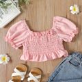 Kid Girl Solid Color Smocked Bowknot Design Dotted Swiss Square Neck Short-sleeve Blouse Pink