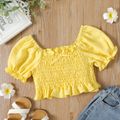 Kid Girl Solid Color Smocked Bowknot Design Dotted Swiss Square Neck Short-sleeve Blouse Yellow image 1