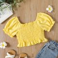 Kid Girl Solid Color Smocked Bowknot Design Dotted Swiss Square Neck Short-sleeve Blouse Yellow image 2