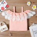 Kid Girl Floral Lace Design Flounce Pink Strap Blouse Pink