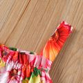 2pcs Kid Girl Floral Print Camisole and Tie Belt Black Shorts Set redblack