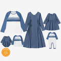 Mosaic Family Matching Blue Series Cotton Sets(V-neck Dresses - Raglan Long Sleeves T-shirts - Rompers) Color block