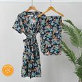 Mommy and Me 100% Cotton Allover Floral Print Short-sleeve Robe and Swaddle Set royalblue image 1