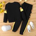 2pcs Kid Girl Floral Sunflower Print Colorblock Pullover Sweatshirt and Elasticized Pants Set Black