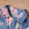 Kid Girl Floral Print Lapel Collar Zipper Denim Jacket Light Blue