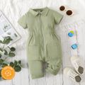 100% Cotton Baby Boy/Girl Solid Short-sleeve Zipper Jumpsuit with Pockets Green