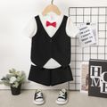 2pcs Toddler Boy Gentleman Suit, Faux-two Vest & Bow tie Design Tee and Black Shorts Set Black image 1