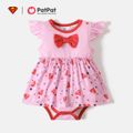 Superman Baby Girl Flutter-sleeve Bow Front Frill Trim Allover Print Romper Dress Pink image 1