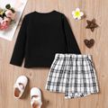 2pcs Toddler Girl Long-sleeve Black Tee abnd Plaid Button Design Tweed Skirt Set Black