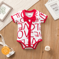 Baby Boy All Over Red Letter Print V Neck Bow Tie Button Up Short-sleeve Romper Red
