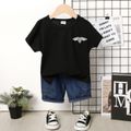 2pcs Toddler Boy Animal Print Short-sleeve Black Tee and Denim Shorts Set Black