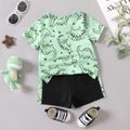 2pcs Baby Boy Allover Dinosaur Print Short-sleeve T-shirt and Colorblock Shorts Set DarkGreen image 2