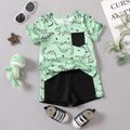 2pcs Baby Boy Allover Dinosaur Print Short-sleeve T-shirt and Colorblock Shorts Set DarkGreen image 1