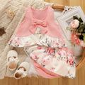 2pcs Baby Girl 100% Cotton Solid Splice Floral Print Ruffle Trim Bow Front Tank Top and Shorts Set Color block