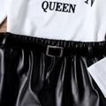 2pcs Kid Girl Letter Print Long-sleeve Tee and Belted Faux Leather Black Shorts Set White image 5