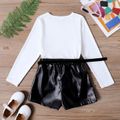 2pcs Kid Girl Letter Print Long-sleeve Tee and Belted Faux Leather Black Shorts Set White