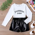 2pcs Kid Girl Letter Print Long-sleeve Tee and Belted Faux Leather Black Shorts Set White image 1