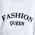 2pcs Kid Girl Letter Print Long-sleeve Tee and Belted Faux Leather Black Shorts Set White image 3