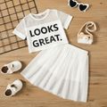 2pcs Toddler Girl Letter Print Mesh Design Shirt Tee and White Skirt Set White