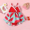 Baby Girl Red Watermelon Print 3D Floral Applique Cami Romper Dress Color block