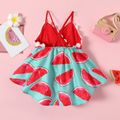 Baby Girl Red Watermelon Print 3D Floral Applique Cami Romper Dress Color block image 2