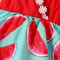 Baby Girl Red Watermelon Print 3D Floral Applique Cami Romper Dress Color block image 4