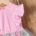 Toddler Girl Floral Print Mesh Design Splice Ruffled Sleeveless Pink Dress pink