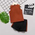 2pcs Toddler Boy Letter Print Colorblock Ribbed Tank Top and Elasticized Shorts Set Brown
