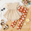 2pcs Toddler Girl Bowknot Design Ruffled High Low Short-sleeve Tee and Floral Print Leggings Set Apricot
