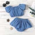 100% Cotton 2pcs Baby Girl Button Front Solid Denim Short-sleeve Crop Top and Shorts Set Light Blue image 2