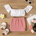2pcs Baby Girl 100% Cotton Eyelet Embroidery Off Shoulder Short-sleeve Crop Top and Rib Knit Skirt Set Pink
