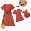 100% Cotton Solid Textured V Neck Short-sleeve Dress for Mom and Me RustRed