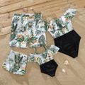 Flounce Plumeria Printed Matching Swimsuits White