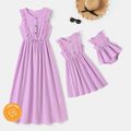 100% Cotton Crepe Purple Lace Ruffle Sleeveless Button Up Dress for Mom and Me pinkpurple