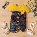 Baby Boy Solid Rib Knit Short-sleeve Spliced Boho Print Romper Color block image 1