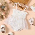 Baby Girl 100% Cotton Shirred Spliced Floral Mesh Cami Romper White