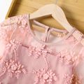 Kid Girl Floral Embroidered Lace Mesh Design Long-sleeve Pink Dress Pink