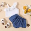 2pcs Baby Girl 100% Cotton One Shoulder Ruffle Trim Tank Top and Solid Shorts Set White