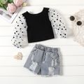 Mini Lady Baby Girl 2pcs Ribbed Polka Dots Mesh Splice Long-sleeve Top and Ripped Shorts Baby Set Black