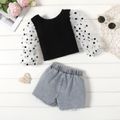 Mini Lady Baby Girl 2pcs Ribbed Polka Dots Mesh Splice Long-sleeve Top and Ripped Shorts Baby Set Black