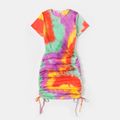 Tie Dye Round Neck Short-sleeve Ruched Drawstring Bodycon Dress for Mom and Me Colorful
