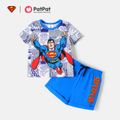 Justice League 2pcs Toddler Boy Colorblock Allover Print Short-sleeve Tee and Letter Print Cotton Shorts Set Blue image 1