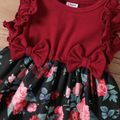 Baby Girl 95% Cotton Ruffle Trim Spliced Floral Print Tank Dress WineRed