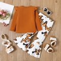 2pcs Toddler Girl Letter Print Ruffled Long-sleeve Tee and Butterfly Print Flared Pants Set YellowBrown