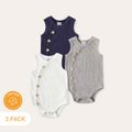 3-Pack Baby Girl Button Front Solid Ribbed Tank Rompers Set ColorBlock