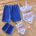 Family Matching Colorful Leopard One Shoulder Cut Out One-Piece Swimsuit and Letter Print Swim Trunks Shorts Blue