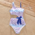 Family Matching Colorful Leopard One Shoulder Cut Out One-Piece Swimsuit and Letter Print Swim Trunks Shorts Blue